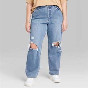 Super-High Rise Distressed Straight Jeans